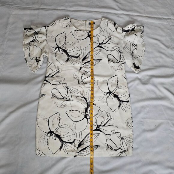 Vince Camuto White Black Floral Layered Ruffle Flutter Sleeve Mini Dress Size 16 - Picture 14 of 16